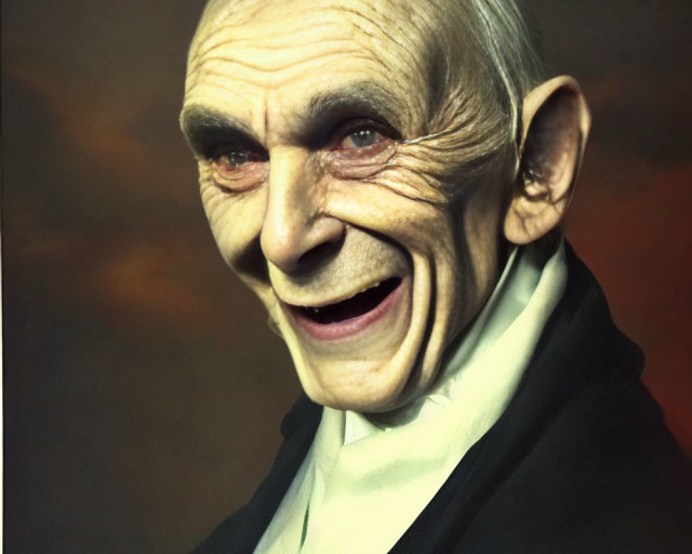 Elderly man with vampire fangs smiling in dark jacket