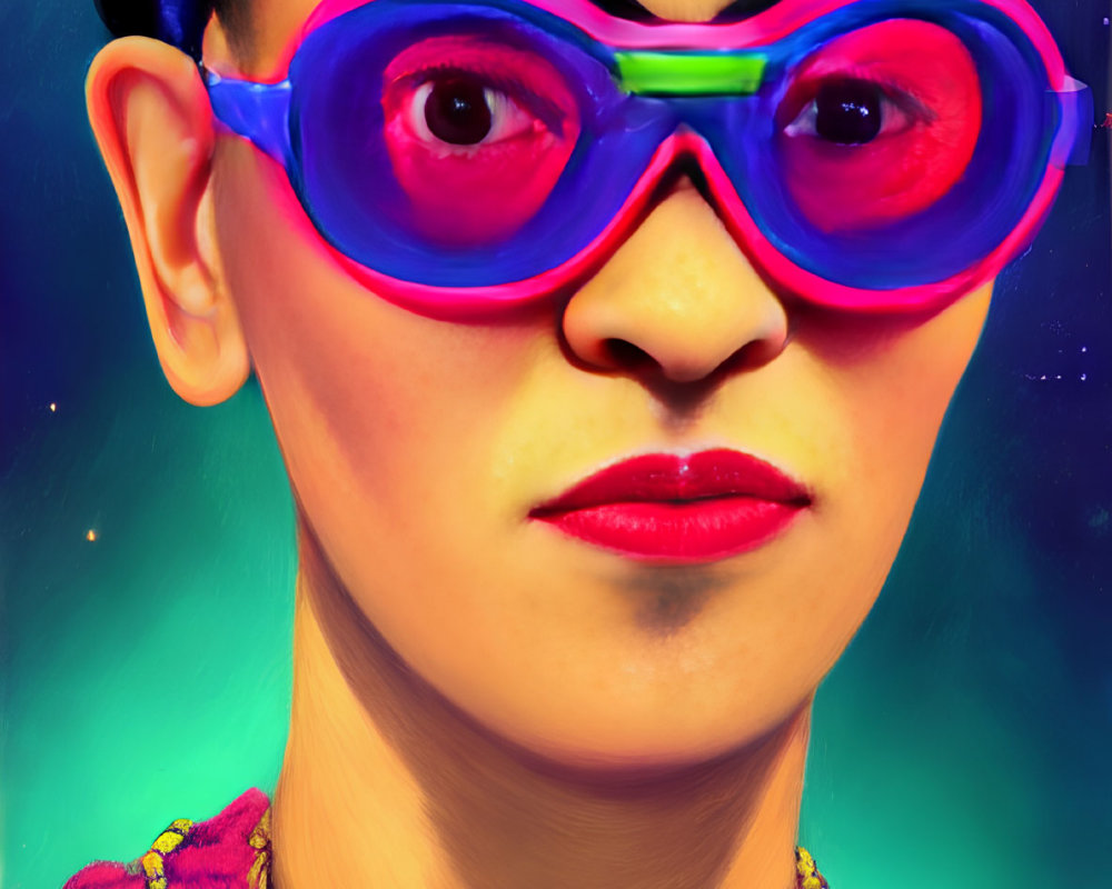 Vibrant portrait featuring pink glasses, braided hair, floral attire, and starlit backdrop