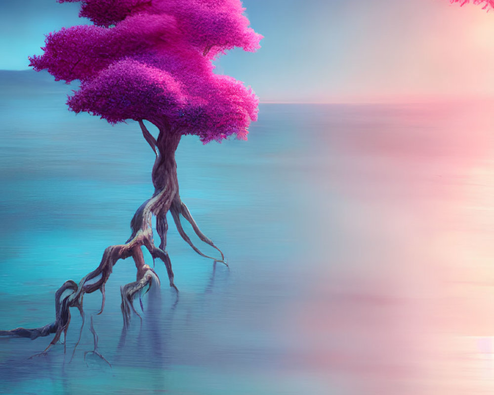Surreal landscape with pink-purple tree reflecting in tranquil water