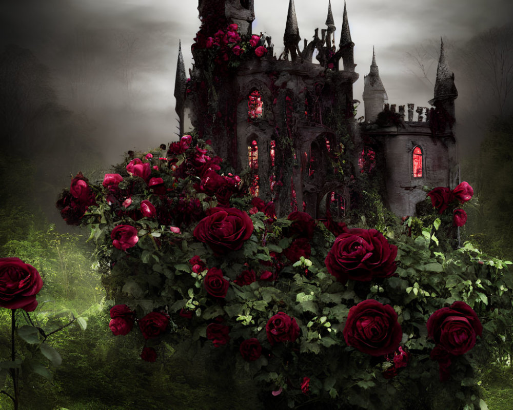Gothic castle in mist with red roses and eerie windows