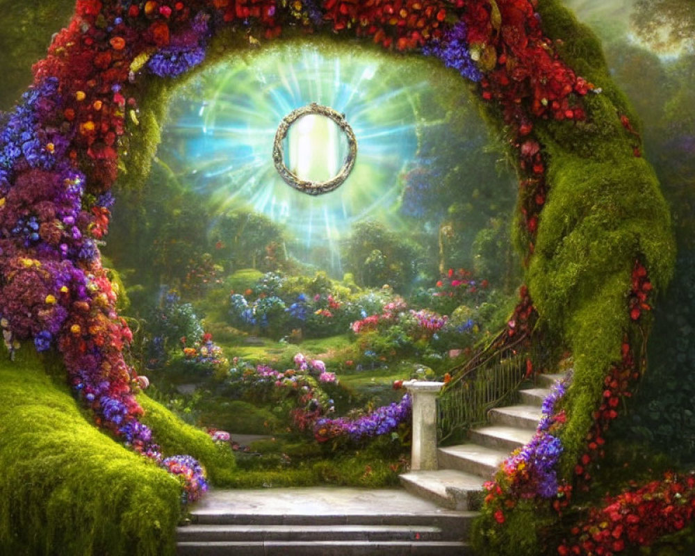 Enchanting garden with flower archway and mystical floating mirror