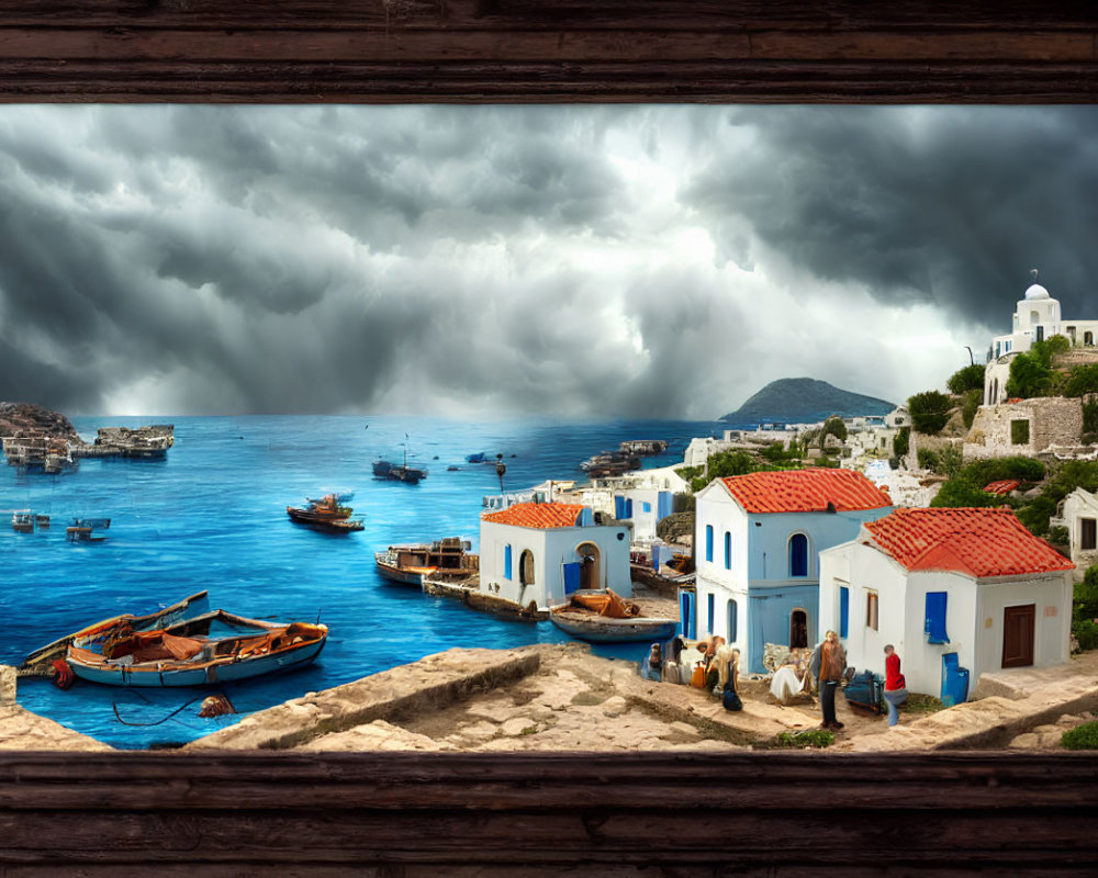 Framed Mediterranean Village Seascape with Stormy Sky