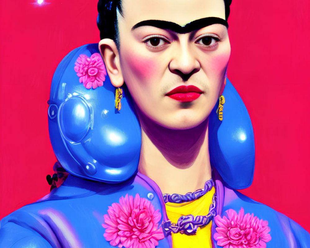 Colorful portrait of woman with unibrow and floral hair, blue jacket, yellow necklace on pink