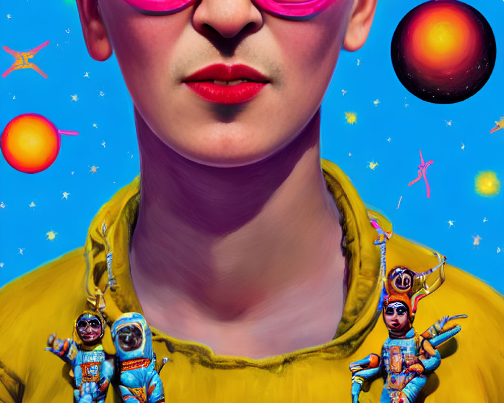 Vibrant digital artwork: stylized woman, pink glasses, astronauts, planets, blue background.