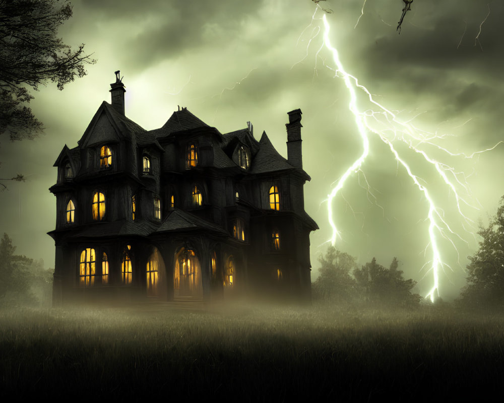 Spooky Victorian mansion in misty field under stormy sky
