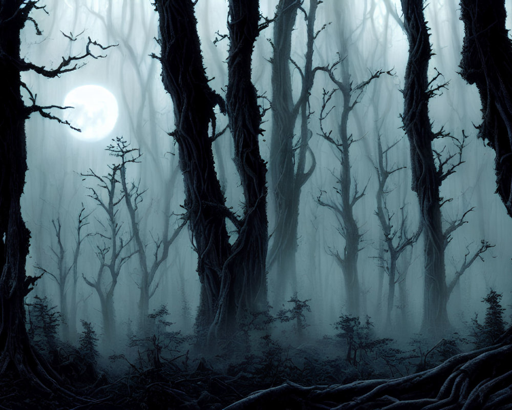 Misty moonlit forest with twisted, leafless trees and eerie shadows