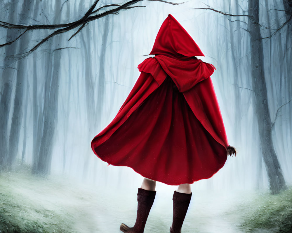 Mysterious figure in red cloak walking in misty forest