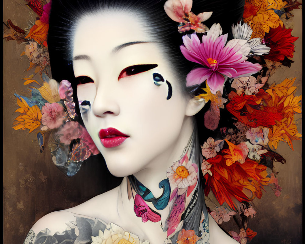 Geisha portrait with floral motifs, vivid makeup, and tattooed skin among colorful flowers.