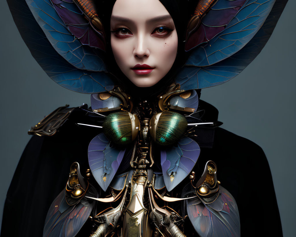 Stylized insect-like outfit with metallic elements and iridescent wings