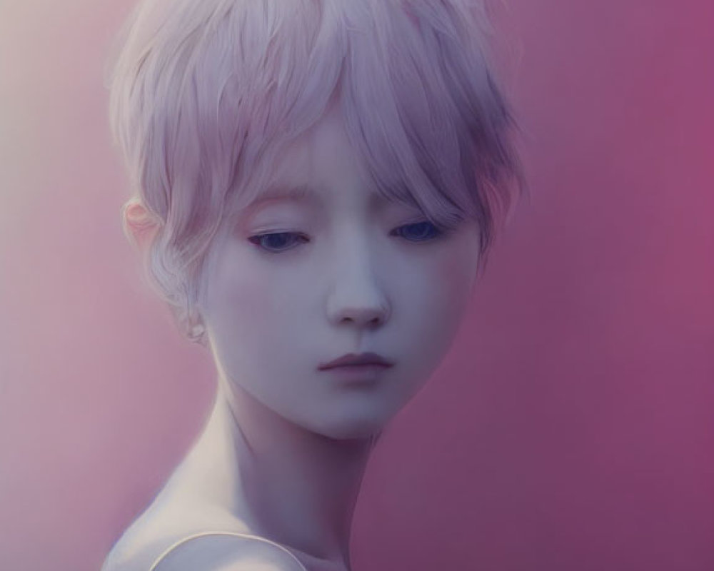 Short pink hair female figure against pink-purple background