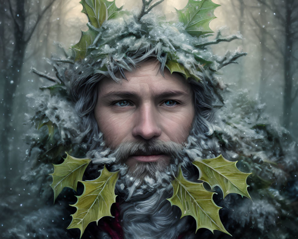 Man with Leafy Frost-Covered Hair in Winter Forest Portrait