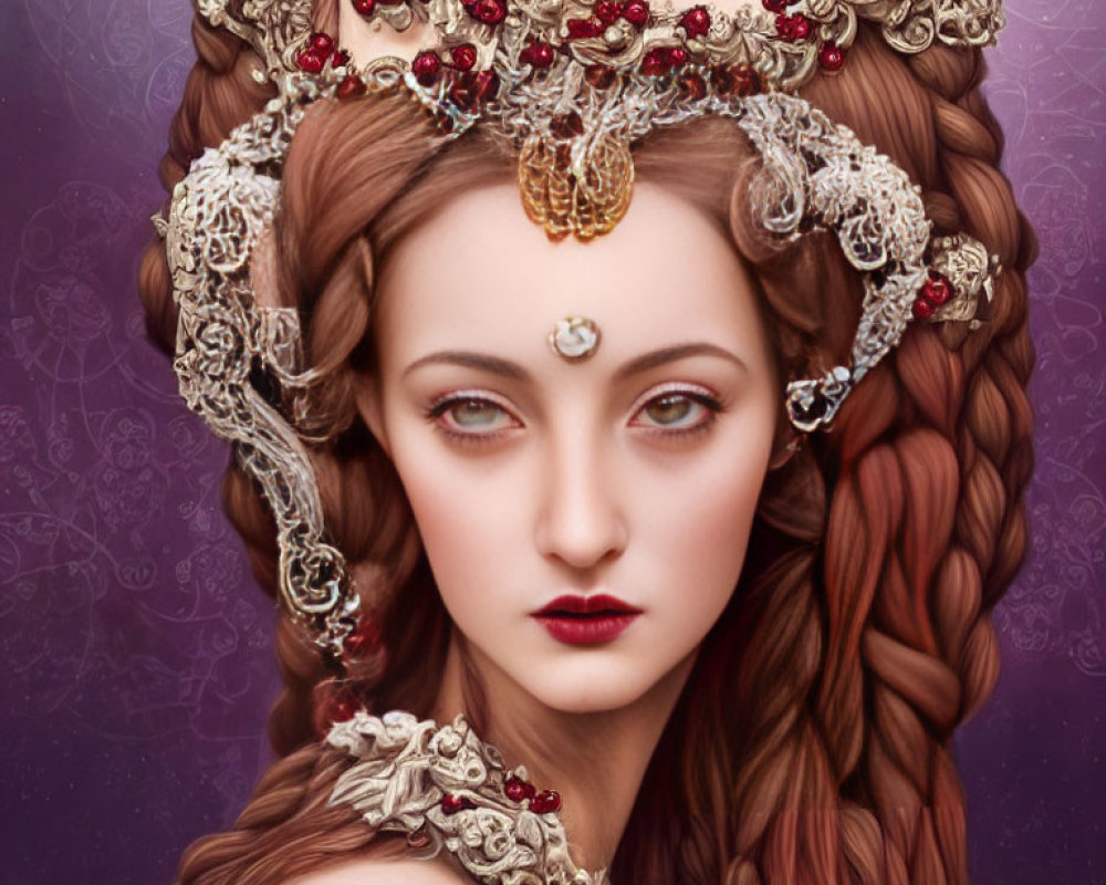 Digital illustration of woman with jewel-adorned headpieces and third eye.