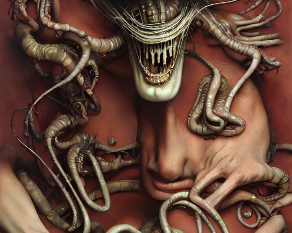 Surreal digital artwork: humanoid figure with exaggerated mouth & distorted features surrounded by worm-like tendrils