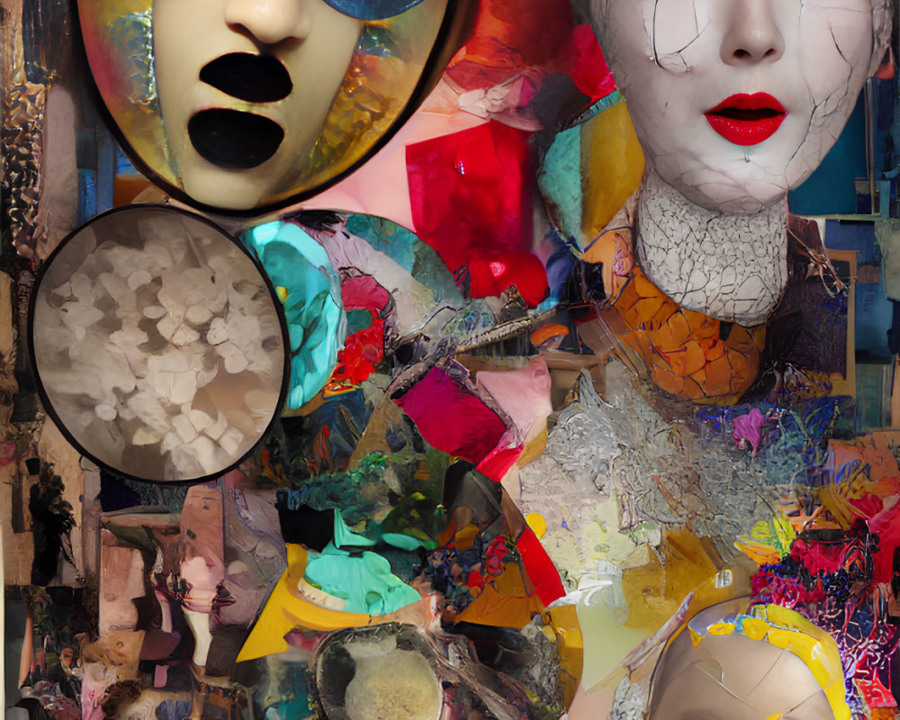 Colorful digital collage of three stylized faces with eclectic textures and abstract elements