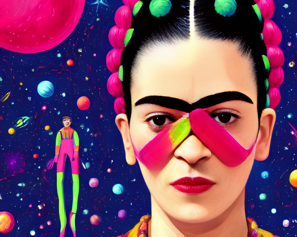 Vibrant space-themed illustration with woman, planets, and superhero.