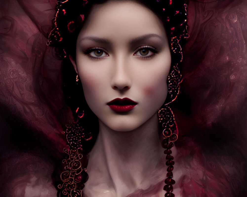 Woman portrait with striking makeup and red swirls and beads.