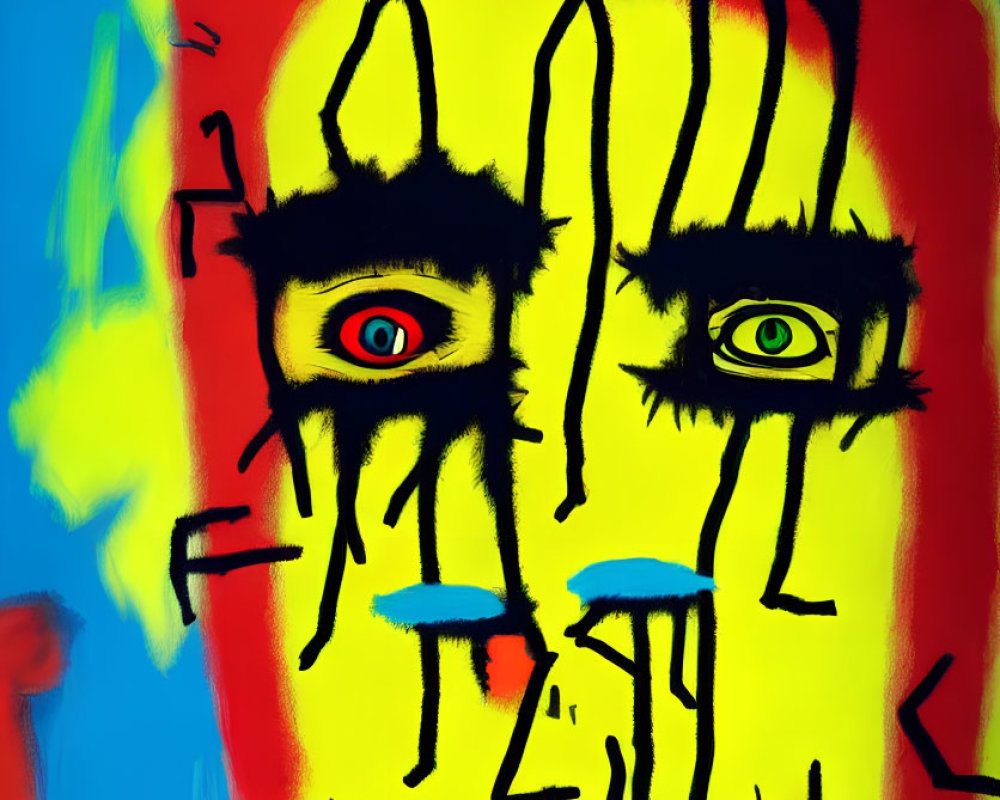 Colorful Graffiti-Style Art: Distorted Face with Red Eyes on Blue Background
