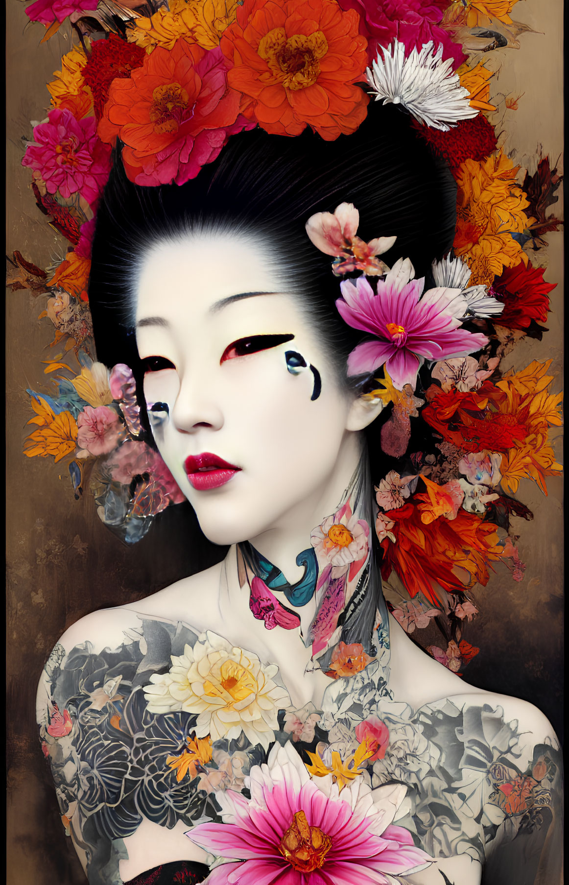 Geisha portrait with floral motifs, vivid makeup, and tattooed skin among colorful flowers.