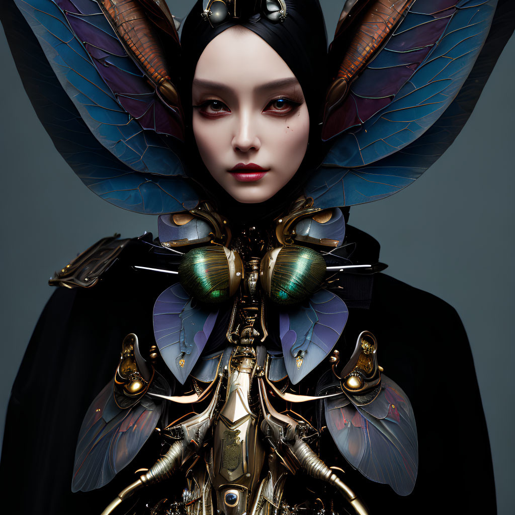 Stylized insect-like outfit with metallic elements and iridescent wings