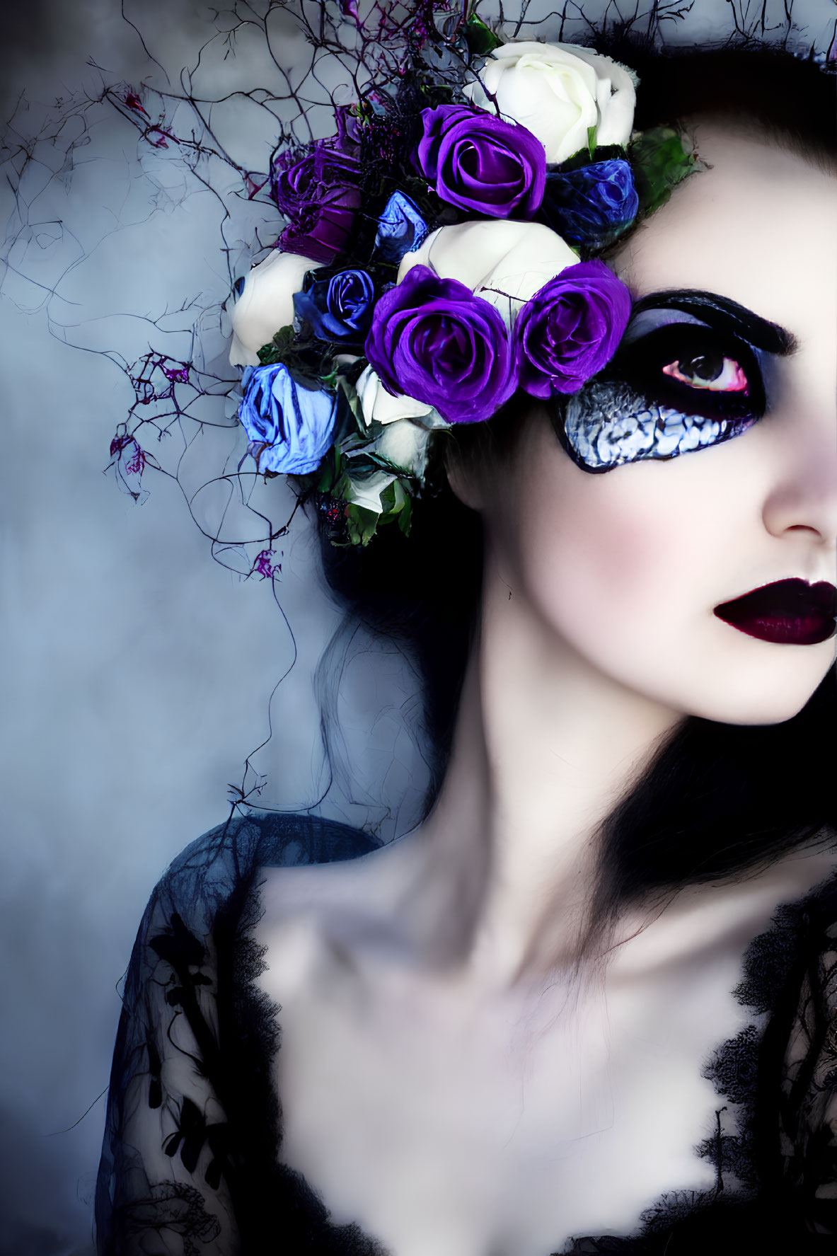 Woman with dramatic black eye mask, dark lipstick, blue and purple rose headpiece on cold-toned