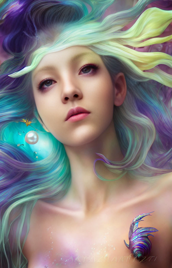 Portrait of woman with pastel hair and sea creature resting on shoulder