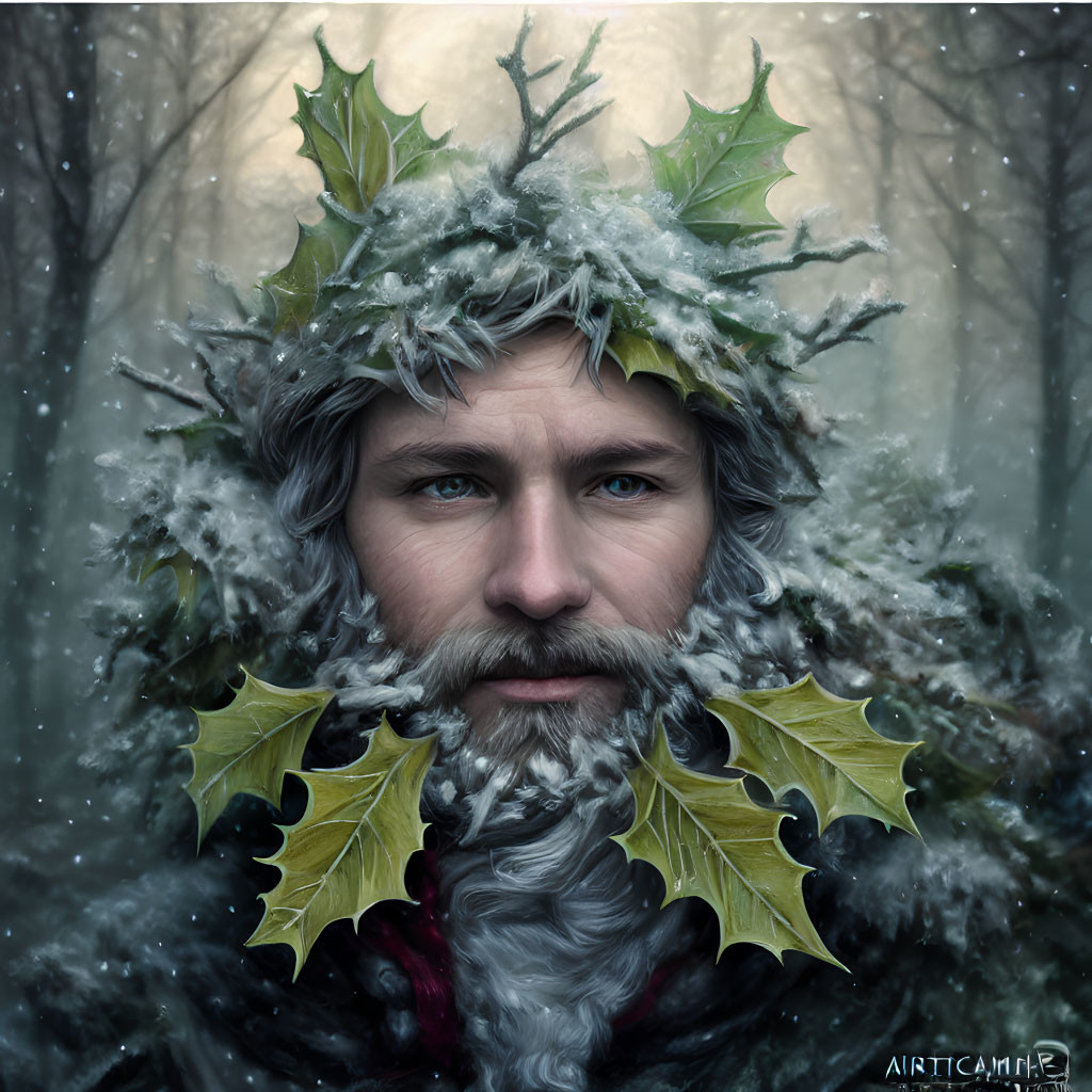 Man with Leafy Frost-Covered Hair in Winter Forest Portrait