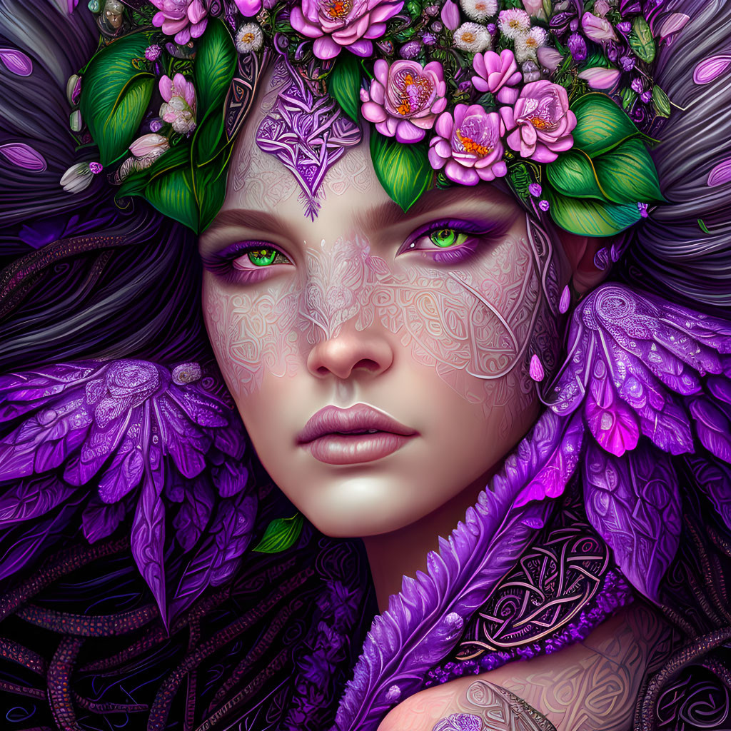 Digital portrait of woman with green eyes, purple wing-like elements, floral decorations, and intricate face tattoos