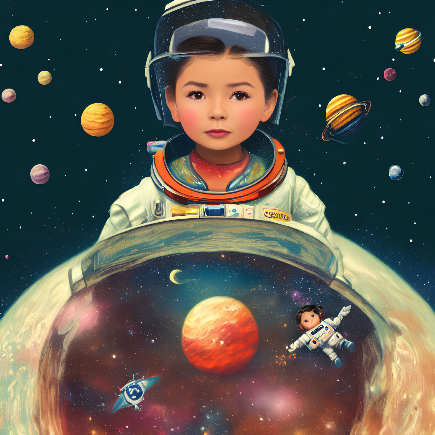 Child in astronaut suit with colorful planets reflection on visor in space scene