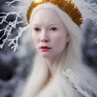 Pale woman with white hair and holly crown in snowy scene