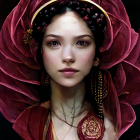 Serene woman with golden halo and rose jewelry among dark red roses
