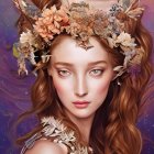 Digital artwork: Woman with golden crown, antlers, cherry blossoms, purple background