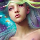 Portrait of woman with pastel hair and sea creature resting on shoulder