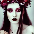 Pale-skinned person in dark makeup with burgundy headpiece and intricate designs on forearm and neck gaz