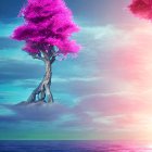 Surreal landscape with pink-purple tree reflecting in tranquil water