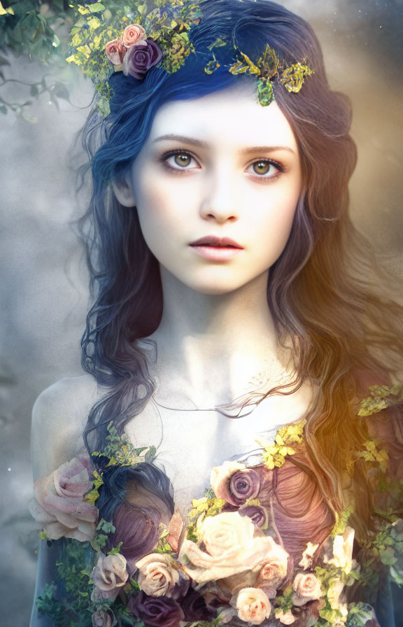 Fantasy portrait of young woman with blue hair and green eyes in floral attire