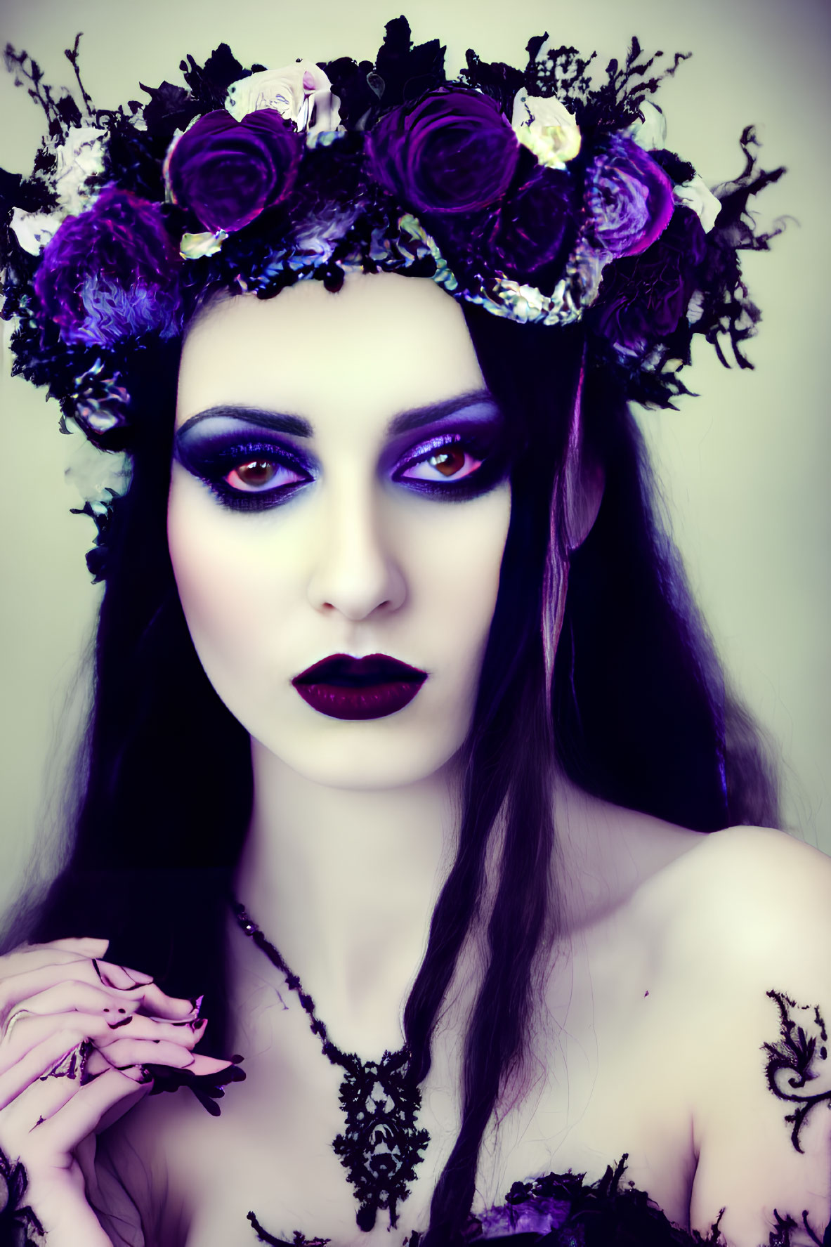 Dark Makeup Aesthetic with Purple Lipstick, Eye Shadow, and Floral Crown