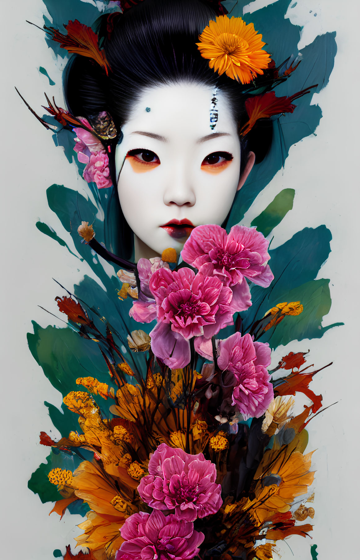 Geisha portrait with vibrant makeup and colorful brushstrokes