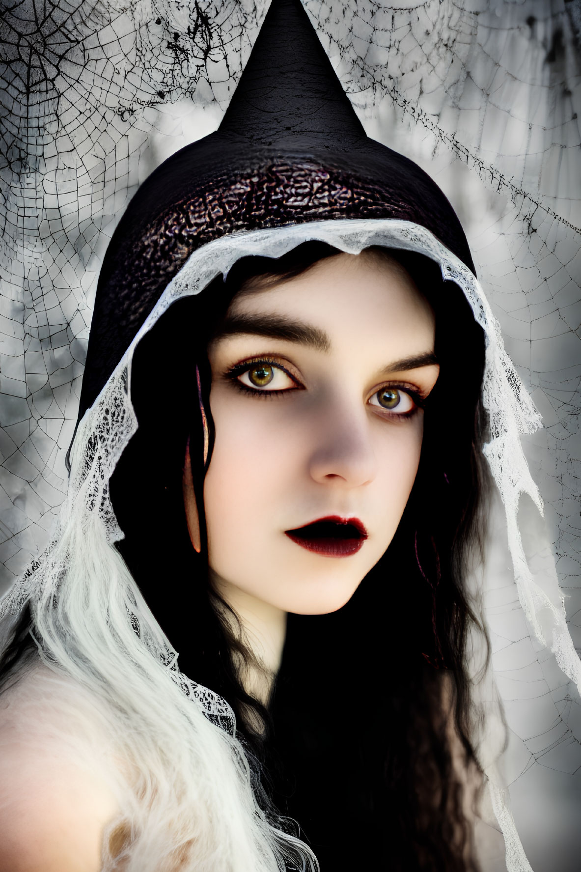 Person with Striking Green Eyes in Gothic Black and White Hooded Garment