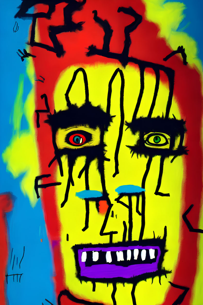 Colorful Graffiti-Style Art: Distorted Face with Red Eyes on Blue Background