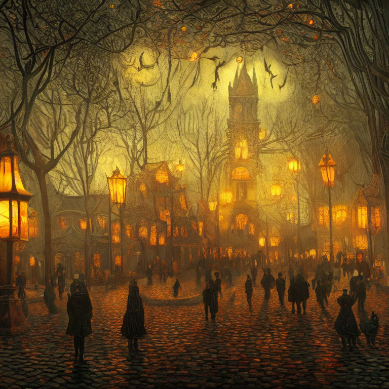 Mystical foggy evening with people on cobblestone streets and a castle in the background