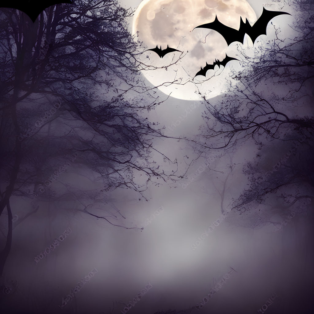 Silhouetted bats flying under a full moon in misty forest
