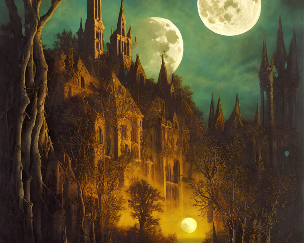 Gothic-style architecture in misty moonlight with bare trees - atmospheric image