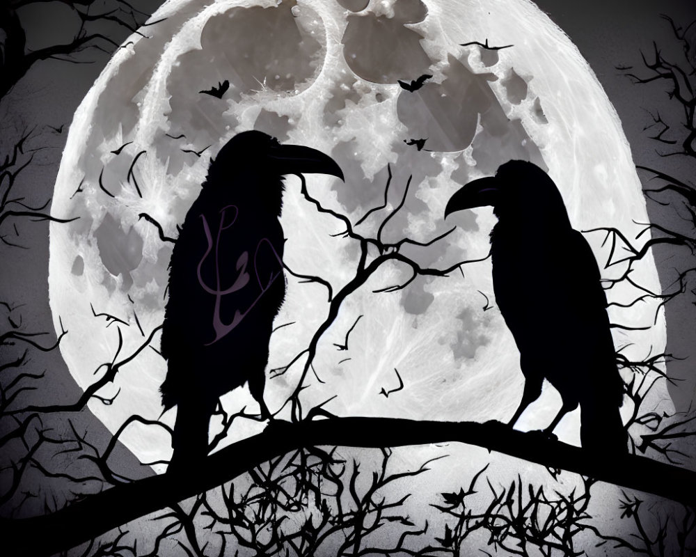 Silhouetted ravens on branches under full moon with flying bats