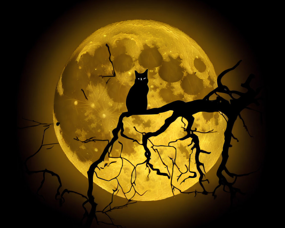 Silhouette of Cat on Twisted Branch Under Full Moon with Golden Glow
