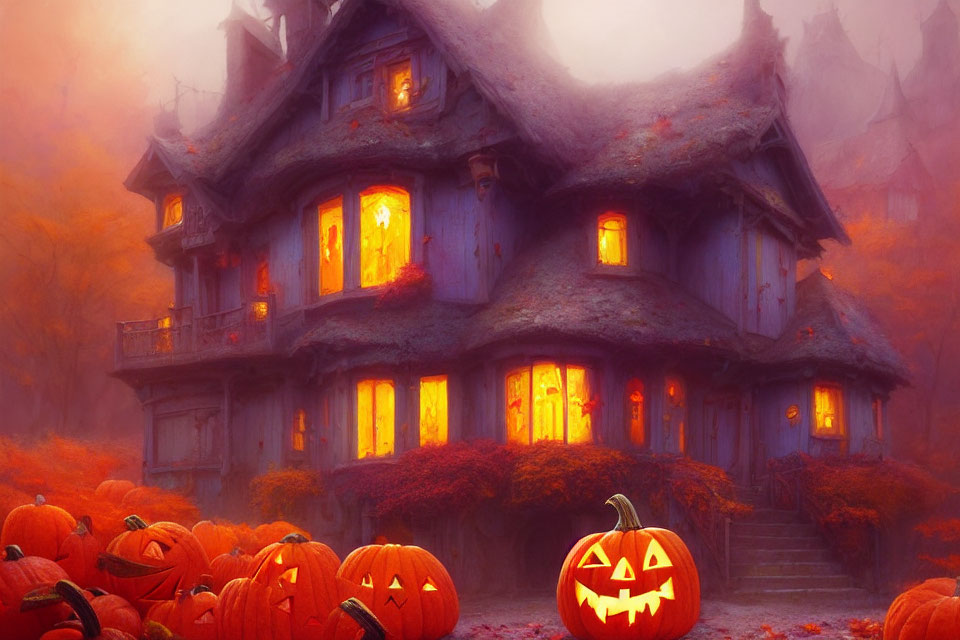 Spooky haunted house with glowing windows in misty autumn forest