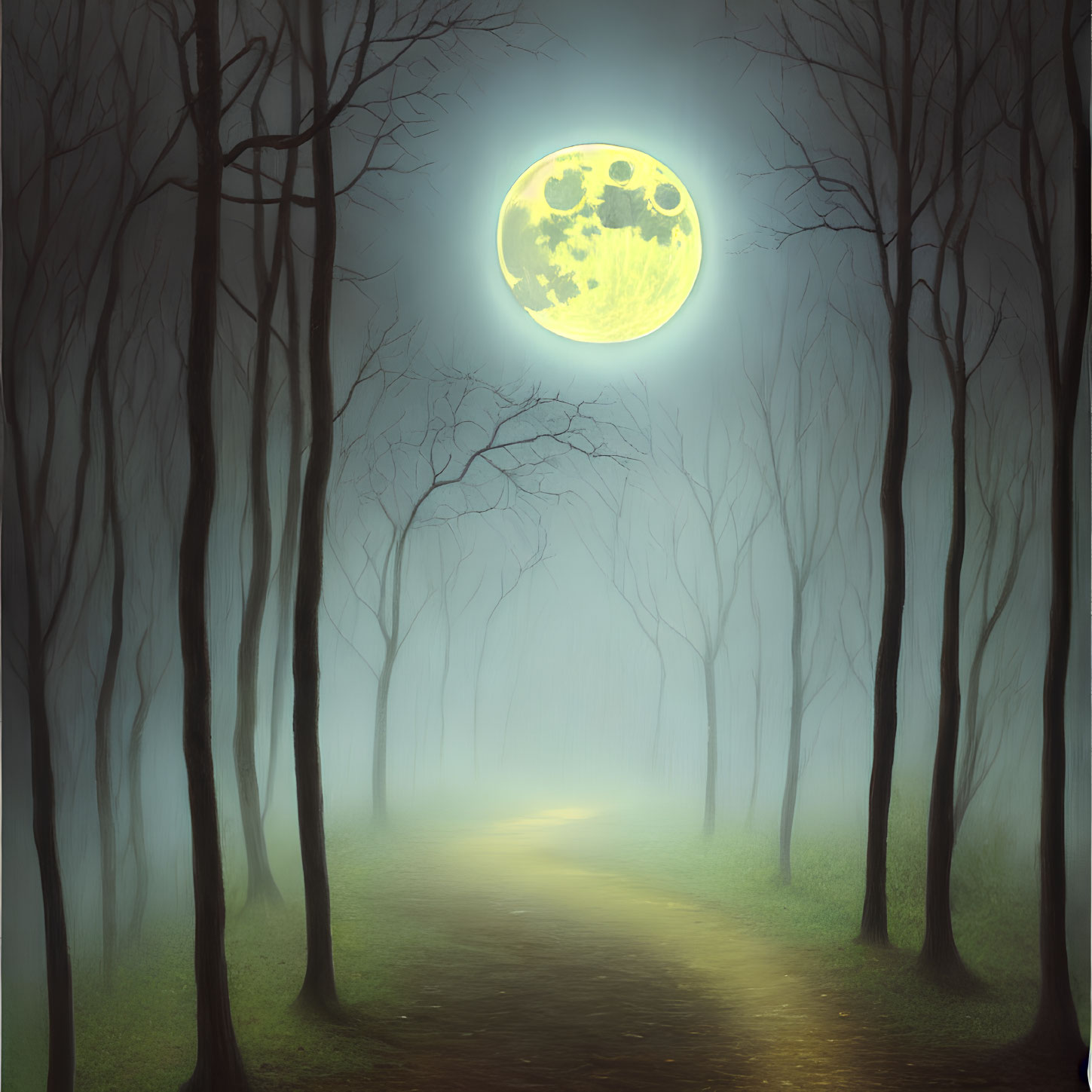 Moonlit Path Through Misty Forest with Full Moon