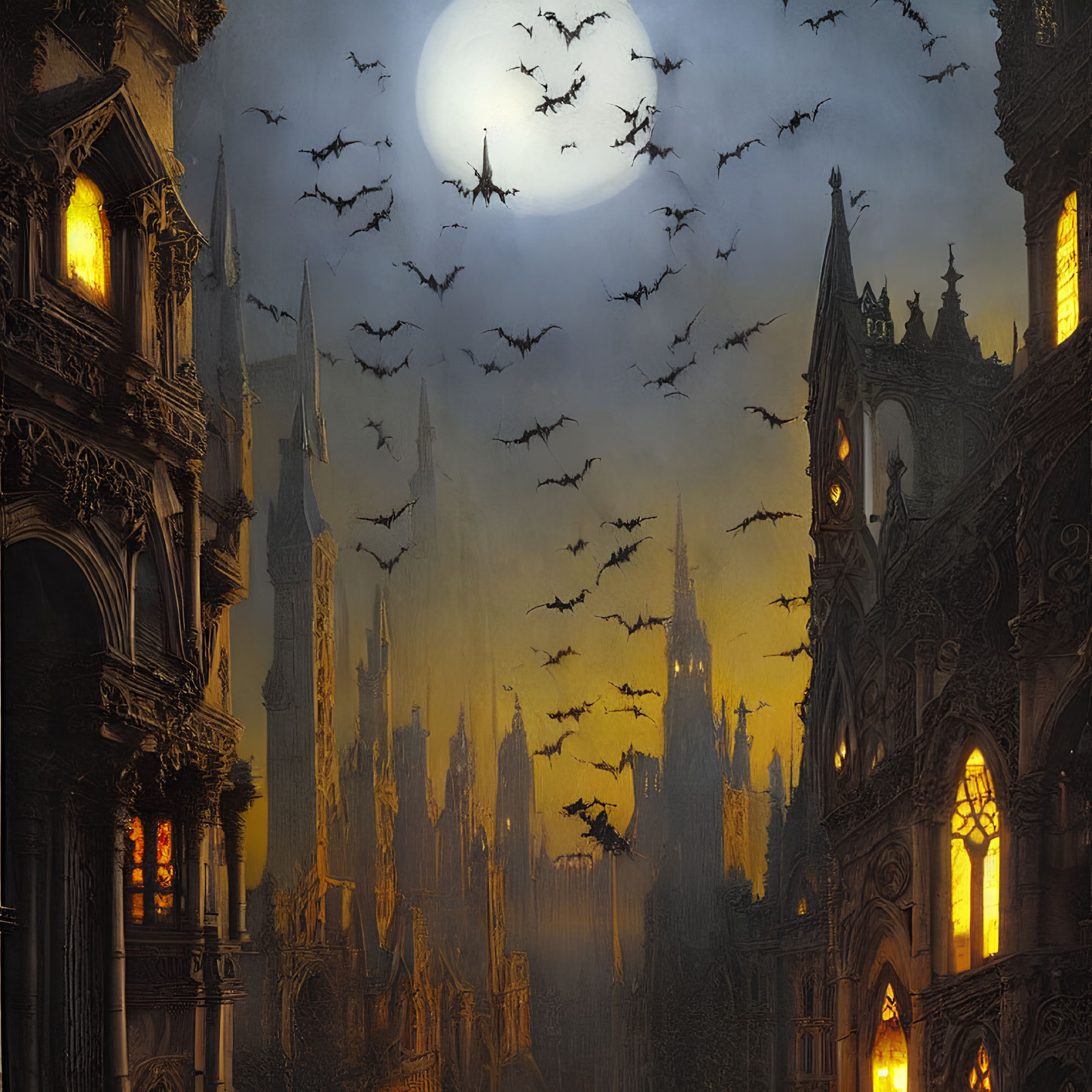 Gothic Architecture and Bats Silhouetted Against Moonlit Sky