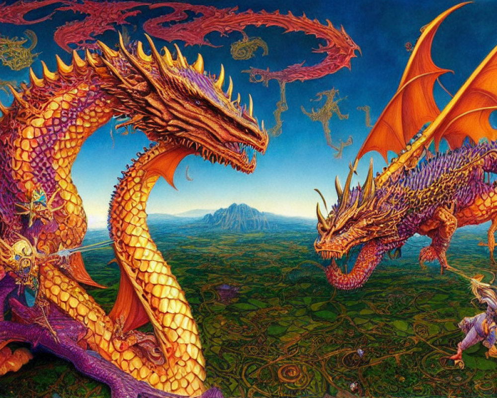 Vividly colored dragons breathing fire in fantastical landscape with warrior.