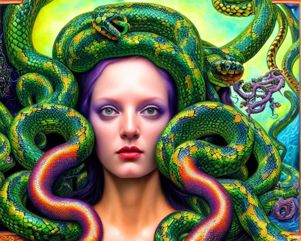 Purple-haired woman with violet eyes and green snakes on ornate background
