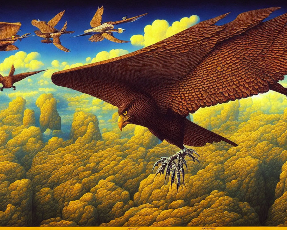 Giant eagle soars over yellow forest with smaller birds - surreal and dreamlike landscape